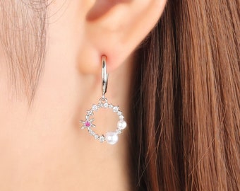 Clip on earrings, dangle, no piercing earring, circle earrings, dangling, non pierced, earring, cubic, floral, no pierce earring, dainty