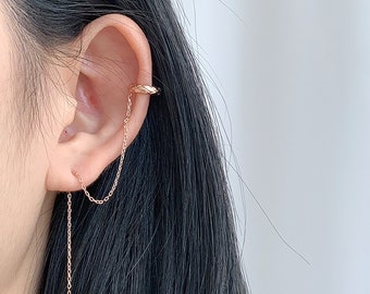 SALE Threader earring cuff, sterling silver, chain threader earrings, embossed, minimalist, rose gold, fake cartilage, cuff ear threader