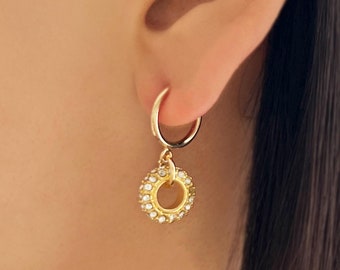 Gold Hoop Clip On Earrings, Rhinestone Dangle, Minimalist Jewelry