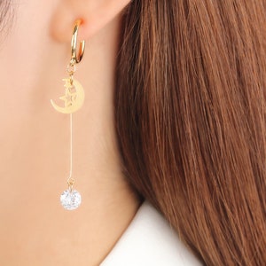 Clip on, earrings, crescent, moon, star, clipon, no pierce, dangle, bar, earring, cubic, non piercing, no piercing, silver, rose gold, gift