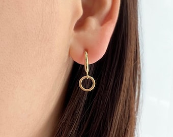 Hoop Clip on Earrings Minimalist Gold Circle Charms Tiny Geometric NE172