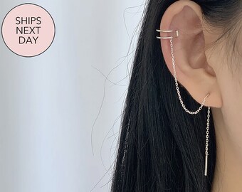 SAILIMUE 16 Pcs Stainless Steel Ear Cuff Non Piercing Clip On Cartilage Earrings Wave Cuff Earrings Wrap Tassel Threader Earrings for Women Men Adjustable 