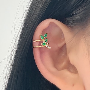Ear cuff no piercing, green leaf ear cuff, cubic zirconia, ear cuff, no pierce, fake cartilage, rhinestones, rose gold, non pierced, black