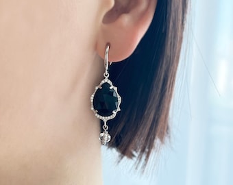 Bridal Clip On Earrings, Black Teardrop, Cubic Zirconia