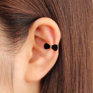 Ear cuff no piercing, ribbon, black, non pierced, fake cartilage, onyx, earcuff, silver, dainty, bow, earcuff, no pierce, rose gold, silver