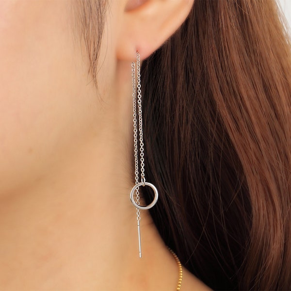 Circle threaders, chain thread earrings, circle threader earrings, surgical steel, pull through earring, long dangling earrings, silver tone