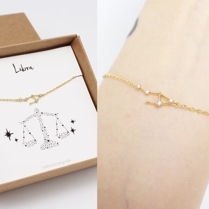 A gold Libra constellation bracelet hanging on the matching Libra card (on the left) and another gold Libra zodiac bracelet worn on a woman's wrist (on the right).