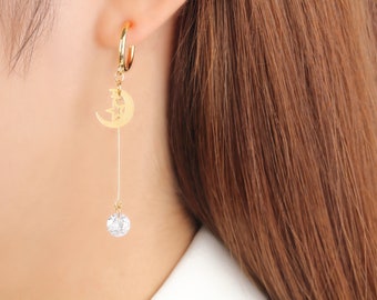 Cubic Zirconia Clip On Earrings, Crescent Moon Star Dangle, Non Piercing