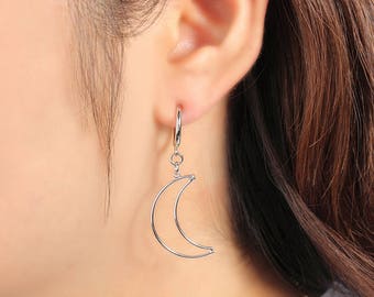 Crescent Moon Clip On Earrings, Non Pierced, Dangle, Minimalist