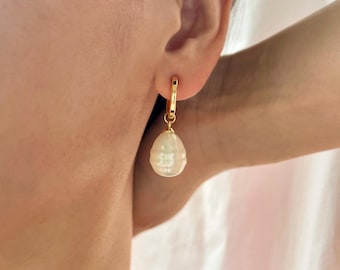Clip On Pearl Earrings, Gold Square Hoop Clip On Earrings, Baroque Pearl Dangle, No Pierce Huggies, NF42