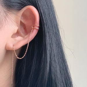 Chain threader with cuff, sterling silver, earcuff, chain threader earrings, minimalist, rose gold, fake cartilage, cuff ear threader, 925