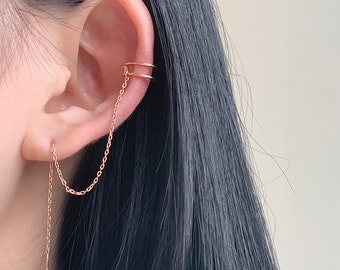 Chain threader with cuff, sterling silver, earcuff, chain threader earrings, minimalist, rose gold, fake cartilage, cuff ear threader, 925