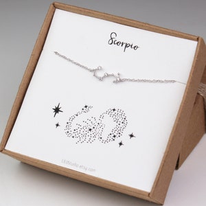 A silver Scorpio zodiac bracelet is hanging on the matching Scorpio card in a gift box.