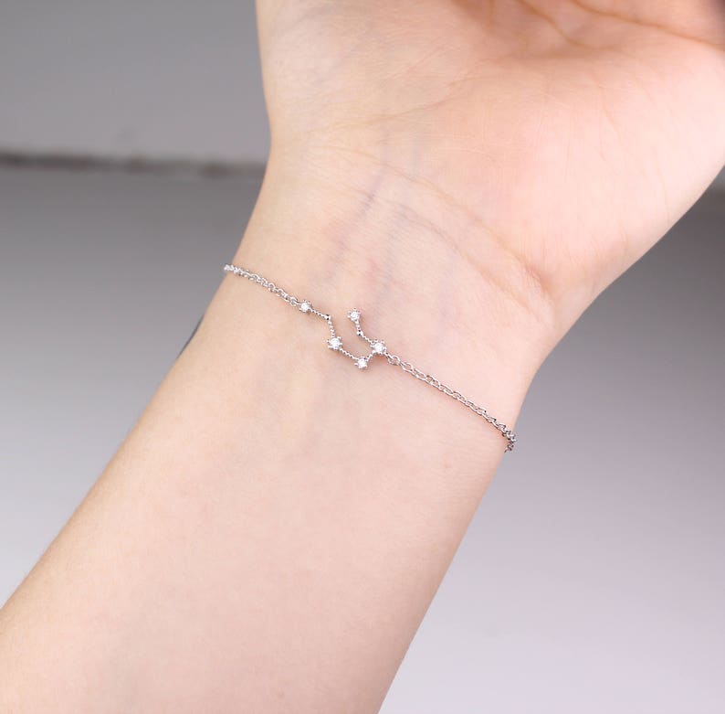 This photo shows the front of a silver Aquarius zodiac bracelet.