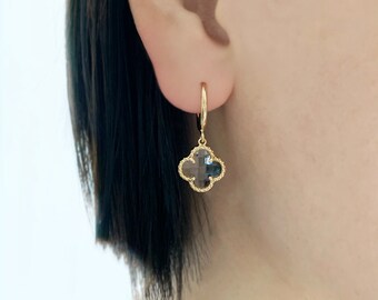 Clover earrings, glass earrings, invisible clip on, hoop clip on, dangling earrings, no pierce earrings, clip on earrings, gold, dainty