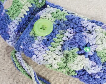 Variegated Green and Purple Crochet Phone Case with Flower and Green Gem.  Green Button to fasten