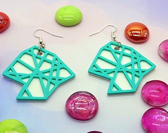 3D printed Earrings, Teal and White. Abstract Lines Design. Plant based plastic.