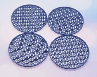 3D printed Double Hexagon Coasters in 2 Colors White Base, Blue Hexagons Set of 4