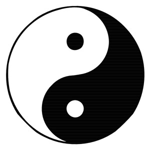 Może przedstawiać: Czarno-biały symbol yin yang. Symbol to okrąg z dwoma połówkami, jedną czarną i jedną białą. Każda połowa zawiera mniejsze koło w przeciwnym kolorze.