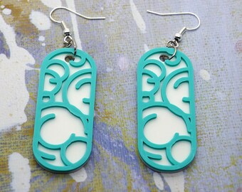 Abstract Circles Earrings 3D Printed Teal & White