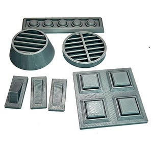 May include: A collection of gray 3D printed plastic components including a rectangular panel with five circular buttons, a conical vent, a circular grate, three rectangular switch plates, and a square panel featuring four raised square buttons.