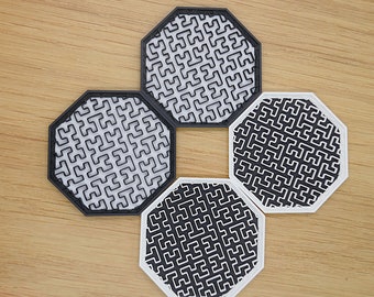 Set of 4 Very Unique Stacking 2 Color Octagon Coasters. 3D Printed In Black and White (Not for HOT drinks)