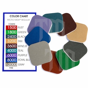 May include: A color chart with Micro-Mesh Regular sandpaper samples in various colors, including rust, green, black, tan, wine/b, teal, purple, royal blue, and gray. The chart lists the grit numbers from 1500 to 12000, indicating the coarseness of the sandpaper.