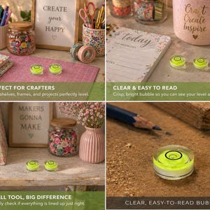 Peut inclure: Une collection de fournitures de bricolage, comprenant des stylos, des ciseaux, du ruban adh&eacute;sif washi et des bocaux remplis de boutons. L'image pr&eacute;sente &eacute;galement de petits niveaux transparents avec une bulle jaune vif, un carnet et une tasse.