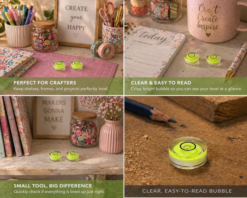 Peut inclure: Une collection de fournitures de bricolage, comprenant des stylos, des ciseaux, du ruban adh&eacute;sif washi et des bocaux remplis de boutons. L'image pr&eacute;sente &eacute;galement de petits niveaux transparents avec une bulle jaune vif, un carnet et une tasse.