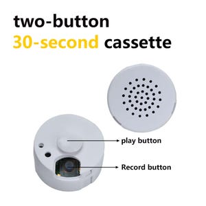 May include: A white circular two-button 30-second cassette device. One unit shows a top play button and a recessed record button. The other unit displays a speaker grille with multiple small circular perforations for audio output.