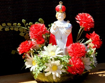 Kitsch Vintage Saint Statue With Plastic Flowers 1970s