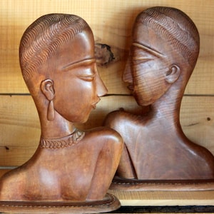 Mid Century Modern Hagenauer Style Wood Sculpted Tribal African Heads