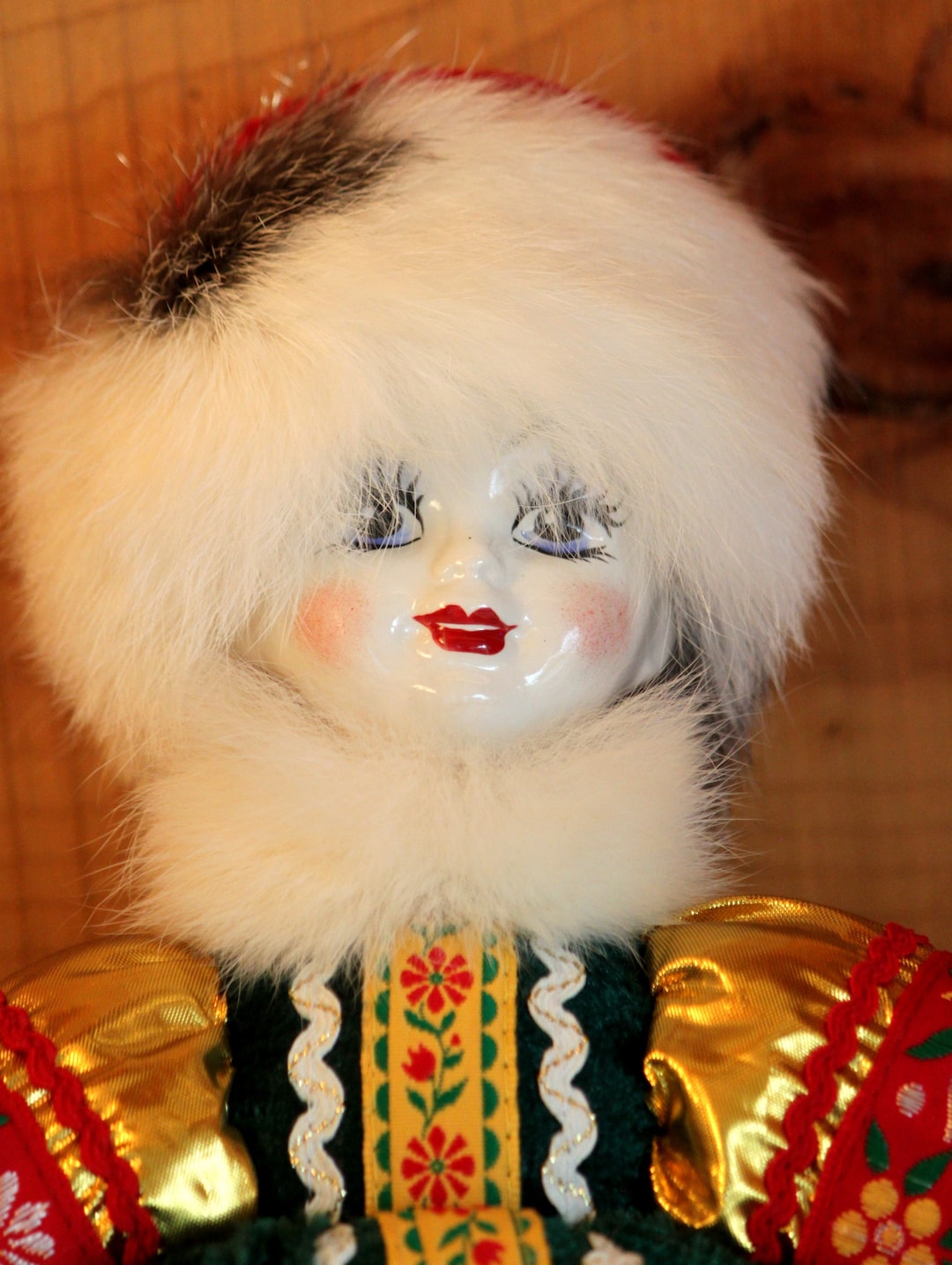 Vintage Russian Porcelain Doll With Christmas Dress Fur Hat and