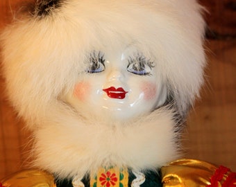 Vintage Russian Porcelain Doll With Christmas Dress Fur Hat And Stand