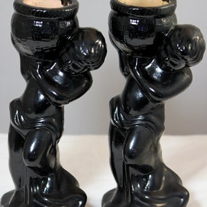 Pair of Black Terra Cotta Cherub With Basket Candle Holders Figurines