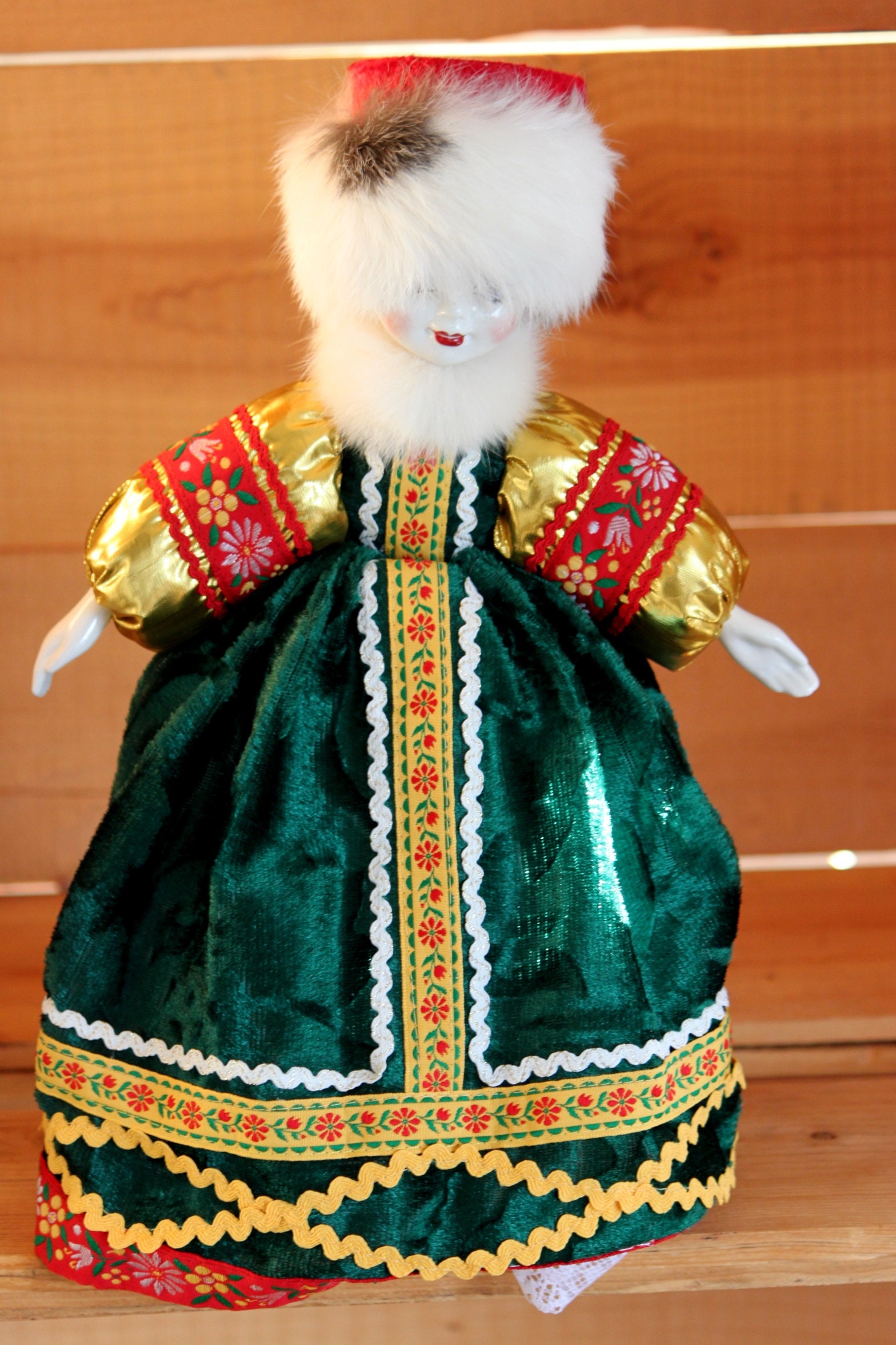 Vintage Russian Porcelain Doll With Christmas Dress Fur Hat and