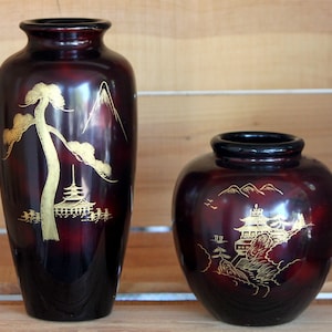 Vintage Pair of Japanese Maruni Style Red Glass Vases With Gilt Pagoda Decoration
