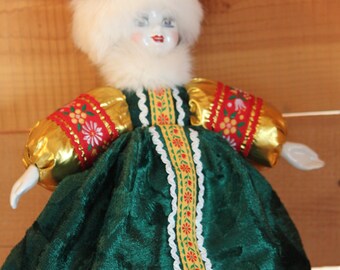 Vintage Russian Porcelain Doll With Christmas Dress Fur Hat and
