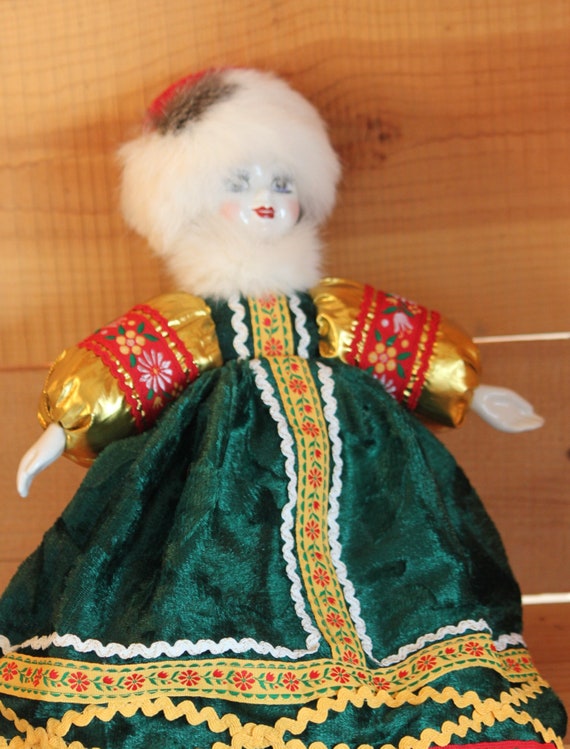 Vintage Russian Porcelain Doll With Christmas Dress Fur Hat and