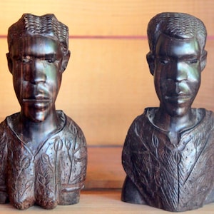 Vintage Hand Carved Wood Sculpture Woman And Man Tribal Heads