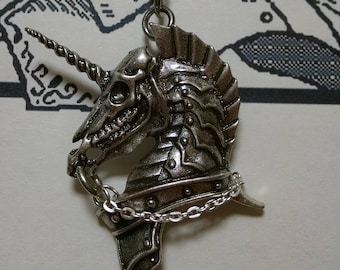 Unicorn Skull Necklace, Warrior Unicorn in Armor,  22" Silver Tone Chain 7mm X 4mm
