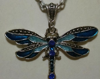 Dragonfly Necklace, ? w/Chain or Ribbon-cord ?, 1 dark Purple stone + purple on wings, or 4 ocean Blue stone + blue on wings, to choose from