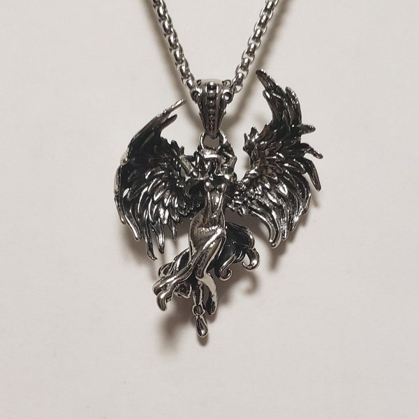 Mythical Fallen Angel Goddess Necklace - Sparkly Stainless Steel Silver Tone Braided Rope Chain - ?OR? - 3mm Box Chain, Your Choice ???