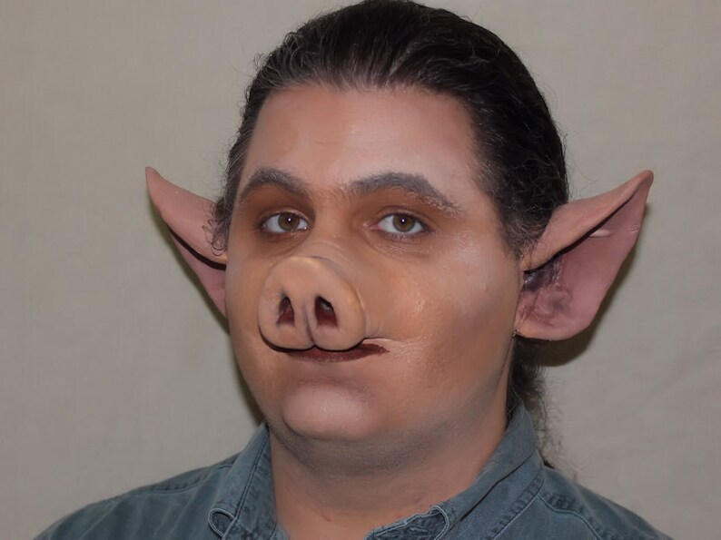 May include: A person wearing a blue shirt with pig ears and a pig nose attached to their face.