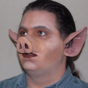 May include: A person wearing a blue shirt with a pig nose and large ears attached to their face.