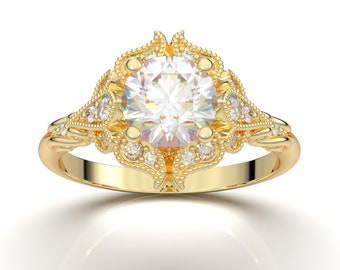 Art Deco Halo Bridal Ring, Vintage Style Wedding Ring, Genuine Diamond Ring, Art Deco Halo Engagement Ring, 14K Yellow Gold, Moissanite Ring