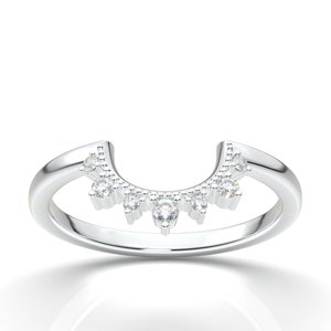 14K White Gold Curved Crown Band, Art Deco Vintage Diamond Wedding Band