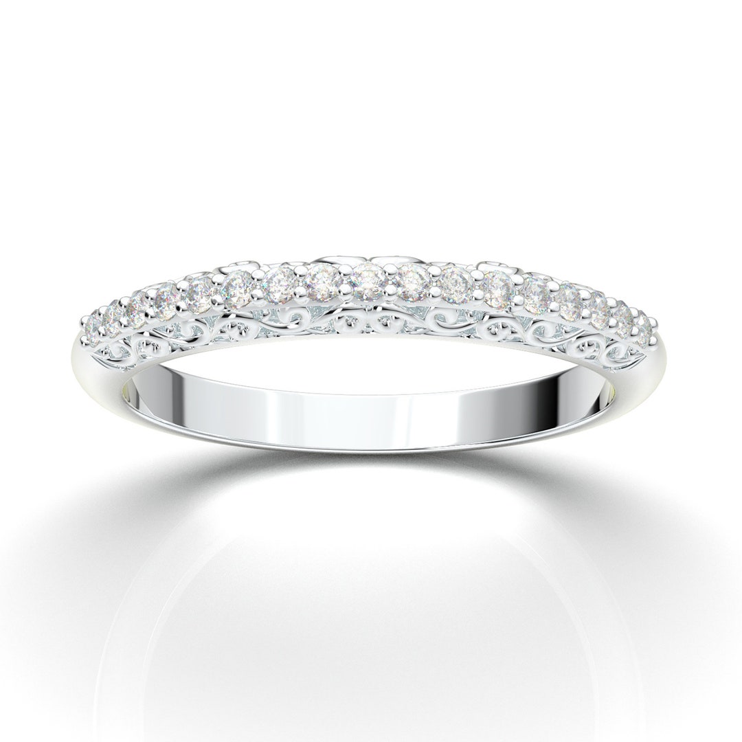 14K White Gold Vintage Floral Wedding Band, Filigree Scroll Diamond ...