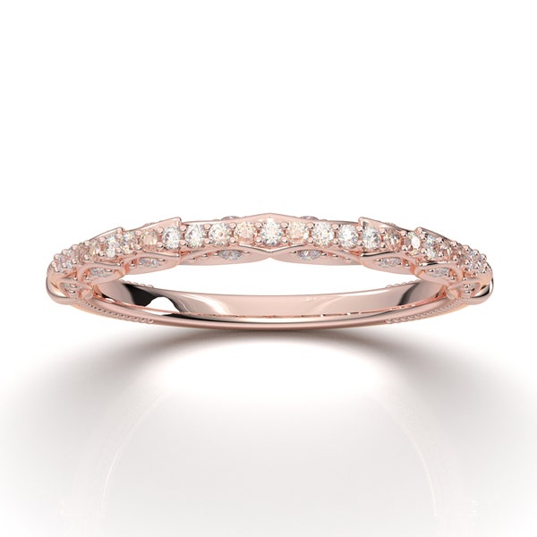 Banda floral vintage em ouro rosado, banda de filigrana, banda milgrain, empilhável, canal de casamento, banda de noivado, aniversário, 14k