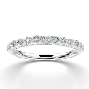 14K White Gold Floral Leaf Band, Dainty Vintage Art Deco Stacking Wedding Ring
